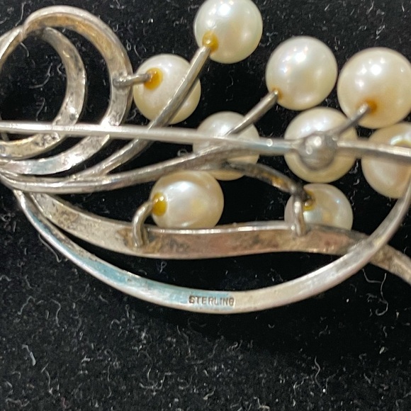 Sterling Silver Pearl Gemstones Brooch Pin 925 MCM Retro Vintage - Picture 3 of 3